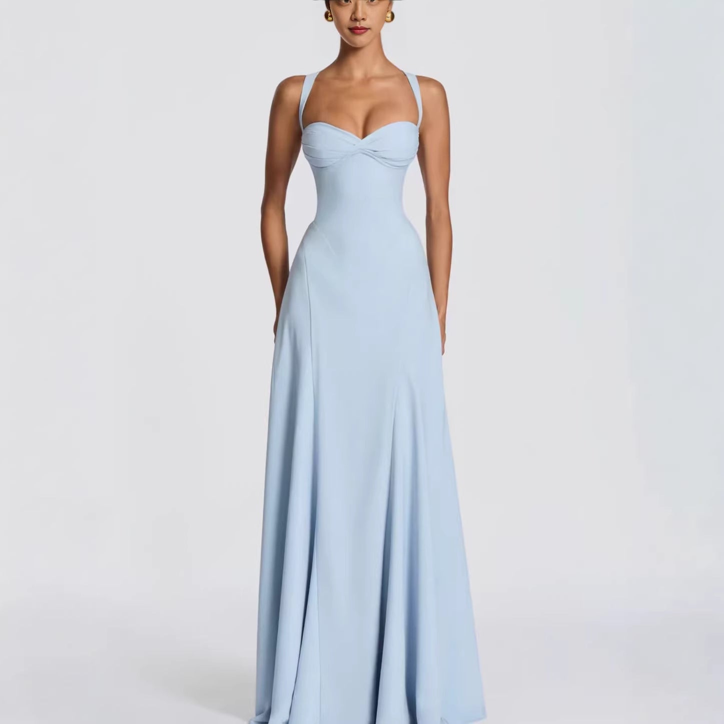 Womens Wide-Strap Knotted Waistline Long Dress