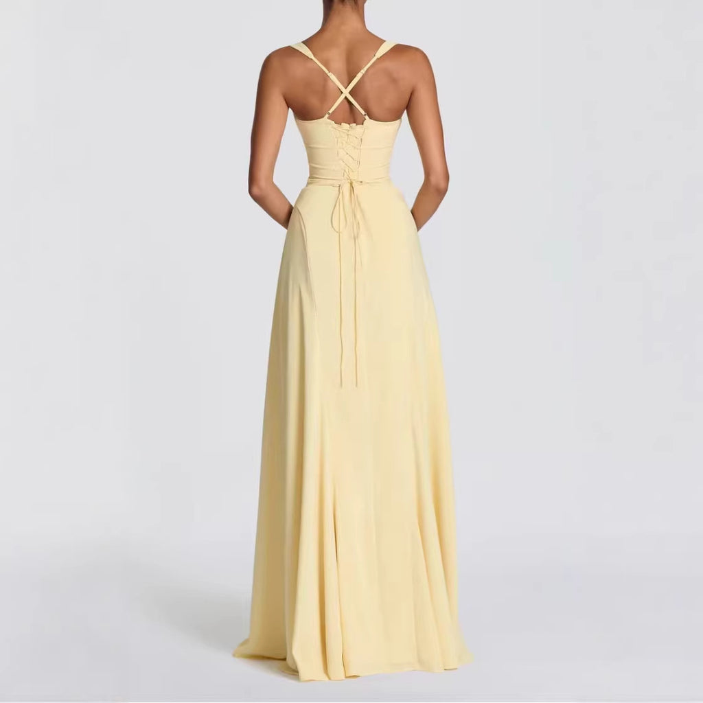 Womens Wide-Strap Knotted Waistline Long Dress